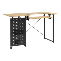 **-Sewing Table with Fold-out Storage Panel-** Wood/Black Legs, Sewing Machine Table with Adjustable Platform, Drop Leaf Extension, Storage Hooks and Baskets, For Quilting and Craft ##-Sewing Online 13395-##