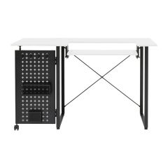 **-Sewing Table with Fold-out Storage Panel-** White/Black Legs, Sewing Machine Table with Adjustable Platform, Drop Leaf Extension, Storage Hooks and Baskets, For Quilting and Craft ##-Sewing Online 13396-##