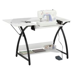 **-Small Sewing Table-** White Top with Black Legs, Sewing Machine Table with Adjustable Platform, Drop Leaf Extension and Storage Shelf, Multipurpose: Use as a Quilting/Craft Table or Gaming/Computer Desk ##-Sew Ready 13332-##