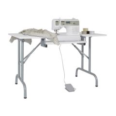 **-Folding Sewing Table-** White Top with Silver Legs, Sewing Machine Table with Adjustable Platform, Folding Legs for Easy Storage and Transport, Quilting/Craft Table/Gaming/Computer Desk ##-Sewing Online 13373-##