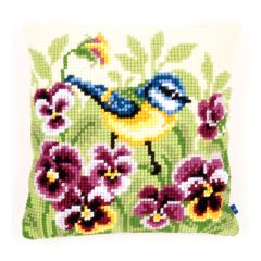 **-Cross Stitch Cushion: Blue Tit on Pansies-** ##-Vervaco PN-0145430-##