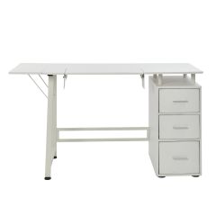 **-Large Sewing Table with 3 Drawers-** White, Sewing Machine Table with Adjustable Platform, Drop Leaf Extension and Drawers, Use as a Quilting/Craft Table or Computer/Game Desk ##-Sewing Online WC1011-##