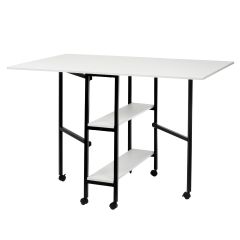 **-Quilting/Fabric Cutting Table-** White Top with Black Legs and Wheels, Folding Craft Table with 2 Drop Leaves and 2 Storage Shelves, Extra Workspace for Sewing and Hobby Projects ##-Sewing Online WC1012-##