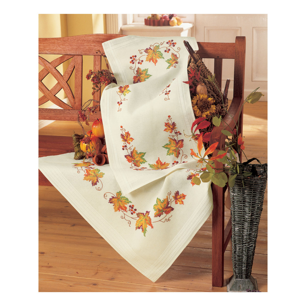 Embroidery Kit Tablecloth Autumn Leaves Design Stitched on Ecru |Size ...