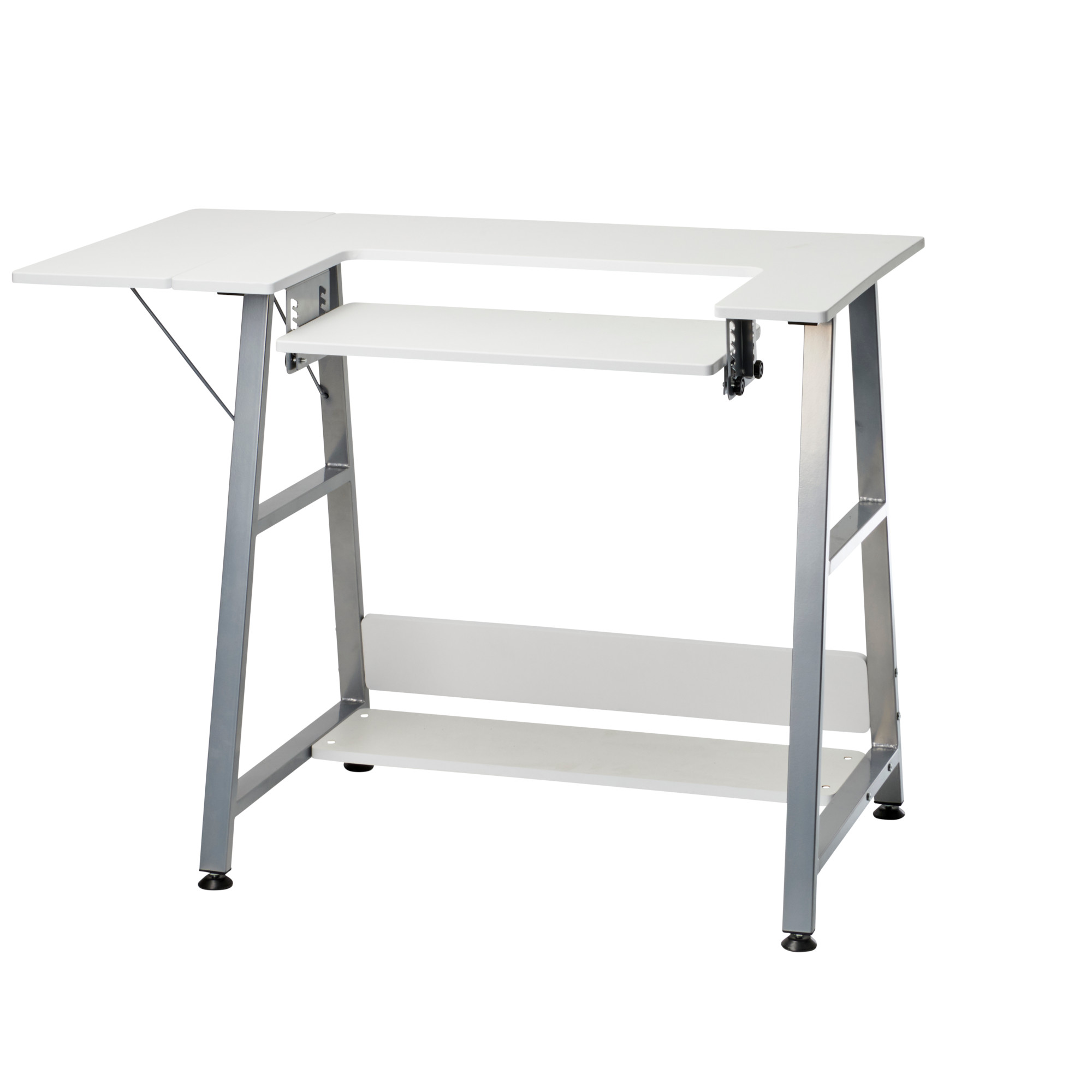Image of: Sewing Online Small Sewing Table White with Silver Legs with Adjustable Platform