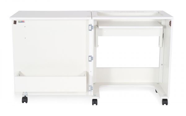 <strong>Compact Sewing Machine Cabinet</strong> <span>A White Sewing Machine Table with Lift Mechanism</span> <em>Sewing Online 101</em>