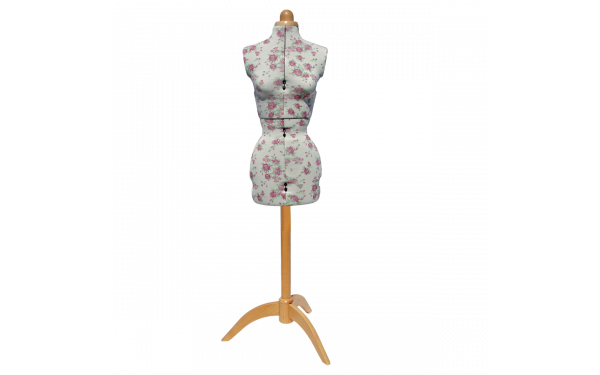 <strong>Adjustable Dressmakers Dummy</strong> <span>Rosebuds Floral Fabric with Natural Wooden Stand, Dress Form Sizes 6 to 22, Pin, Measure, Fit and Display your Clothes on this Tailors Dummy</span> <em>Sewing Online 5912--</em>