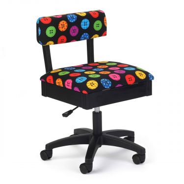 <strong>Hydraulic Sewing Chair with Underseat Storage</strong> <span>Black/Multicolour Buttons Design & Black Wooden Base - Lumbar Support, Lift Mechanism, 5 Star 360deg Swivel Base on Casters. Sewing Room/Home Office</span> <em>Sewing Online HT2013</em>