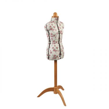<strong>Adjustable Dressmakers Dummy</strong> <span>Rosebuds Floral Fabric with Natural Wooden Stand, Dress Form Sizes 6 to 10, Pin, Measure, Fit and Display your Clothes on this Tailors Dummy</span> <em>Sewing Online 5912P</em>