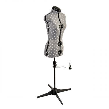 <strong>Adjustable Dressmakers Dummy</strong> <span>in Grey Polka Dot with Hem Marker, Dress Form Sizes 6 to 10, Pin, Measure, Fit and Display your Clothes on this Tailors Dummy</span> <em>Sewing Online 5916P</em>