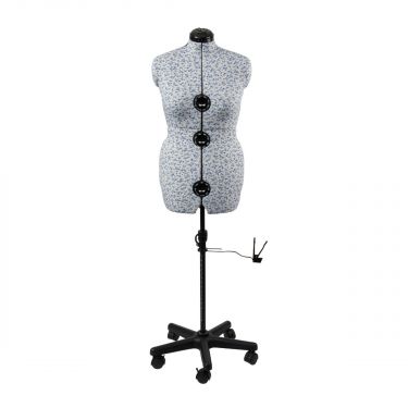 <strong>Adjustable Dressmakers Dummy Ditsy Wedgewood Blue with Hem Marker and 5-star Base on Castors</strong> <span>Dress Form Sizes 16-20, Pin, Measure, Fit and Display Clothes on this Tailors Dummy</span> <em>Sewing Online 5919B</em>