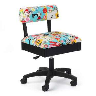 <strong>Hydraulic Sewing Chair with Underseat Storage</strong> <span>Blue/Multicolour Notions Design & Black Wooden Base, Lumbar Support, Lift Mechanism, 5 Star, 360deg, Swivel Base on Casters. Sewing Room/Home Office</span> <em>Sewing Online HT2015</em>