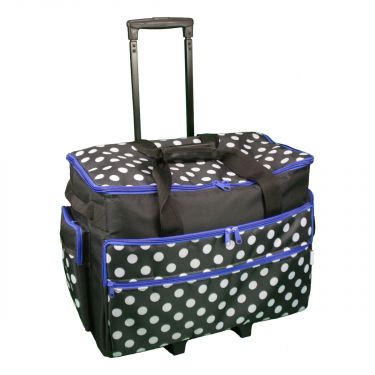 <strong>Large Sewing Machine Trolley Bag on Wheels</strong> <span>Black with White Spots & Blue Trim | 53 x 41 x 29cm | Sewing Machine Storage for Janome, Brother, Singer, Bernina and Most Machines</span> <em>Sewing Online 006106-BLK-BLUE</em>