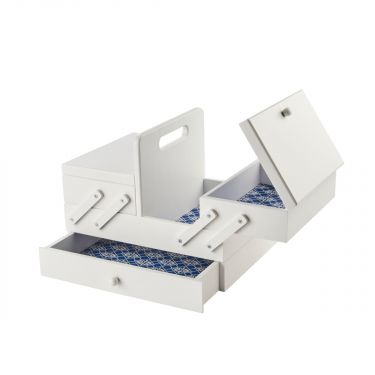 <strong>Medium Wooden Cantilever Sewing Box</strong> <span>White with Geometric Design Interior, 31x24x23cm, 3 Tier Storage and Organiser Box with Compartments for Sewing Supplies, Accessories, Thread, Needles, etc</span> <em>Sewing Online LW5190</em>