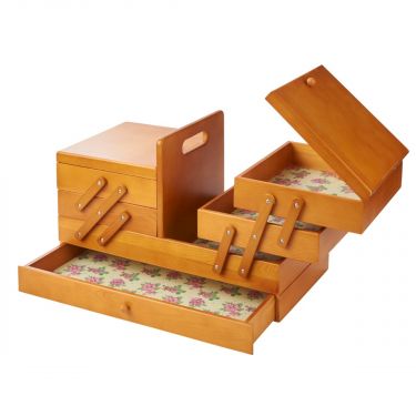 <strong>Large Wooden Cantilever Sewing Box</strong> <span>Stained Wood with Rosebud Design Interior, 45x28x23cm, 4 Tier Storage Organiser Box with Compartments for Sewing Supplies, Accessories, Thread, Needles, etc</span> <em>Sewing Online LW5191</em>