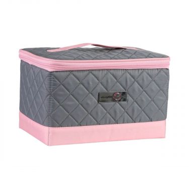 <strong>Sewing Box with Compartments</strong> <span>Quilted Grey & Pink, Collapsible Storage and Organiser Basket for Sewing Supplies, Accessories, Thread, Needles and Scissors</span> <em>Everything Mary EVM13203-1</em>