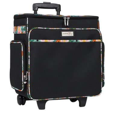 Craft Trolley Bag Black Floral Craft Organiser on Wheels for Sewing Scrapbooking Paper Craft and Art Storage Case for Supplies and Accessories