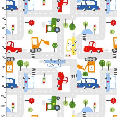 <strong>Cotton Craft Fabric 110cm wide x 1m Drivers Wanted Flannel Collection-Off To Work</strong> <em>Sewing Online 16780-WHITE</em>