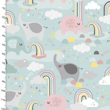 <strong>Cotton Craft Fabric 110cm wide x 1m Small & Mighty Flannel Collection-Elephants & Rainbows</strong> <em>Sewing Online 17155-LT TURQ</em>