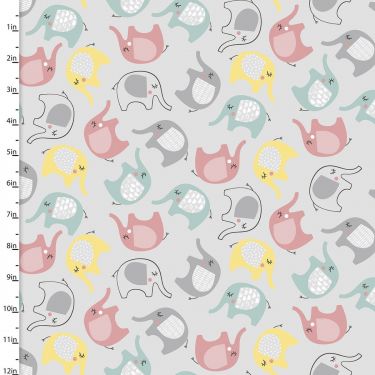 <strong>Cotton Craft Fabric 110cm wide x 1m Small & Mighty Flannel Collection-Elephants</strong> <em>Sewing Online 17157-LT GRAY</em>