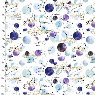 <strong>Cotton Craft Fabric 110cm wide x 1m Magical Galaxy Metallic Collection-Stars & Planets</strong> <em>Sewing Online 17161-WHT</em>