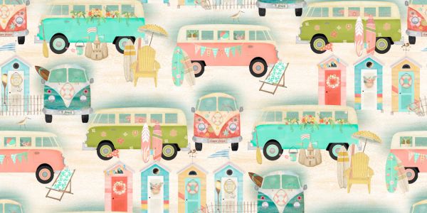 <strong>Cotton Craft Fabric 110cm wide x 1m Beach Travel Collection-Vintage Bus</strong> <em>Sewing Online 17332-SND</em>