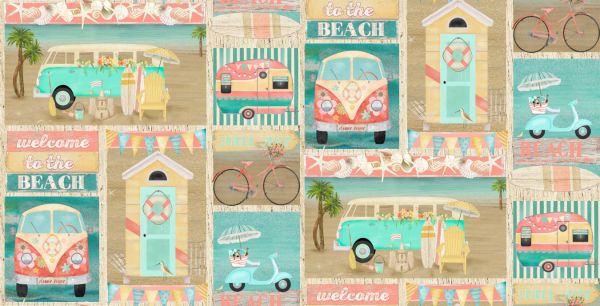 <strong>Cotton Craft Fabric 110cm wide x 1m Beach Travel Collection-Patchwork</strong> <em>Sewing Online 17338-MLT</em>