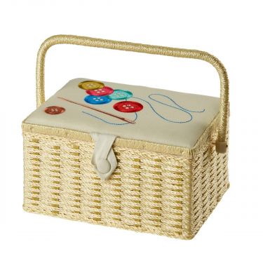 <strong>Medium Sewing Basket</strong> <span>Cream with Embroidered Buttons Lid | 26 x 19 x 15cm | Storage and Organiser Box with Compartments for Sewing Supplies, Accessories, Thread, Needles and Scissors</span> <em>Sewing Online FM-001</em>