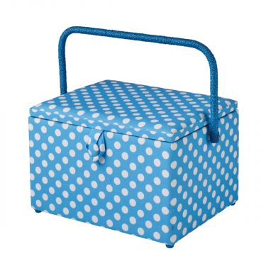 <strong>Large Sewing Box</strong> <span>Duck Egg Blue Polka Dot Fabric | 31 x 23 x 20cm | Storage and Organiser Basket with Compartments for Sewing Supplies, Accessories, Thread, Needles and Scissors</span> <em>Sewing Online GA1128L</em>