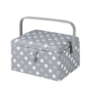 <strong>Medium Sewing Box</strong> <span>Grey Spot Fabric | 26 x 18 x 15cm | Storage and Organiser Basket with Compartments for Sewing Supplies, Accessories, Thread, Needles and Scissors</span> <em>Sewing Online GA1129M</em>