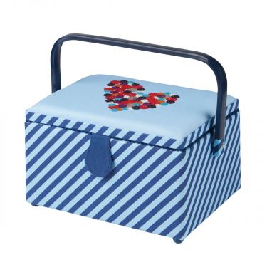 <strong>Medium Sewing Box</strong> <span>Blue Fabric with an Embroidered Button Heart Lid | 26 x 18 x 15cm | Storage and Organiser Basket with Compartments for Sewing Supplies, Accessories, Thread, Needles, Scissors</span> <em>Sewing Online GA1112M</em>
