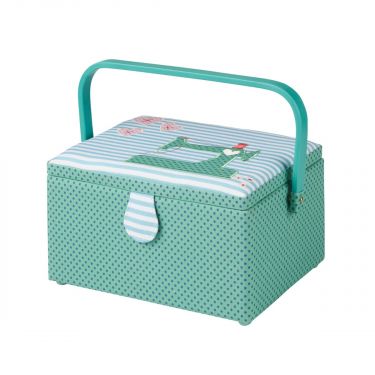 <strong>Medium Sewing Box</strong> <span>Green Fabric with a Sewing Machine Aplique Lid | 26x18x15cm | Storage and Organiser Basket with Compartments for Sewing Supplies, Accessories, Thread, Needles and Scissors</span> <em>Sewing Online GA1119M</em>