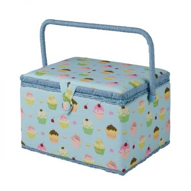 <strong>Large Sewing Box</strong> <span>Blue Cupcakes Print Fabric | 31 x 23 x 20cm | Storage and Organiser Basket with Compartments for Sewing Supplies, Accessories, Thread, Needles and Scissors</span> <em>Sewing Online MRL-18</em>