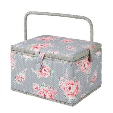 <strong>Large Sewing Box</strong> <span>Grey and Pink Floral Print Fabric | 31 x 23 x 20cm | Storage and Organiser Basket with Compartments for Sewing Supplies, Accessories, Thread, Needles and Scissors</span> <em>Sewing Online MRL-190</em>