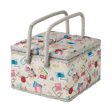 <strong>Extra Large Twin Lid Sewing Box</strong> <span>Grey Sewing Notions Fabric | 25 x 25 x 17cm | Storage and Organiser Basket with Compartments for Sewing Supplies, Accessories, Thread, Needles and Scissors</span> <em>Sewing Online MRLTLE-120</em>