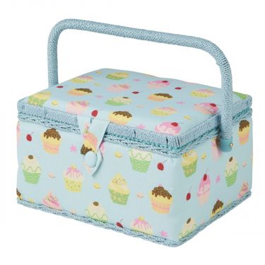 <strong>Medium Sewing Box</strong> <span>Blue Cupcakes Print Fabric | 26 x 18 x 15cm | Storage and Organiser Basket with Compartments for Sewing Supplies, Accessories, Thread, Needles and Scissors</span> <em>Sewing Online MRM-18</em>