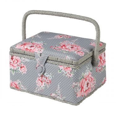 <strong>Medium Sewing Box</strong> <span>Grey and Pink Floral Print Fabric | 26 x 18 x 15cm | Storage and Organiser Basket with Compartments for Sewing Supplies, Accessories, Thread, Needles and Scissors</span> <em>Sewing Online MRM-190</em>