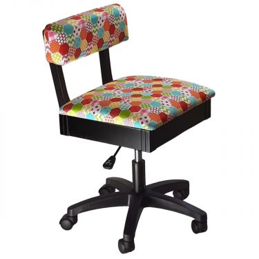 <strong>Hydraulic Sewing Chair with Underseat Storage</strong> <span>Multicolour Patchwork Design & Black Wooden Base, Lumbar Support, Lift Mechanism, 5 Star, 360deg, Swivel Base on Casters, Sewing Room/Home Office</span> <em>Sewing Online HT2018</em>