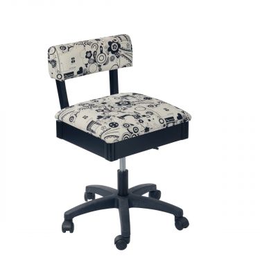 <strong>Hydraulic Sewing Chair with Underseat Storage</strong> <span>White/Black Sewing Notions/Black Wood Base, Lumbar Support, Lift Mechanism, 5 Star, 360deg, Swivel Base on Casters, For Your Sewing Room/Home Office</span> <em>Sewing Online HT2016</em>