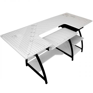 <strong>Large Sewing Table</strong> <span>with Gridded White Top and Black Legs, Sewing Machine Table with Adjustable Platform, Drop Leaf Extension, Storage Shelves and Drawer, For Quilting and Craft</span> <em>Sewing Online 13336</em>