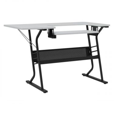 <strong>Small Sewing Table</strong> <span>White Top with Black Legs, Sewing Machine Table with Adjustable Platform, Drop Leaf Extension and Storage Shelf, Multipurpose: Use as Quilting/Craft Table/Gaming/Computer Desk</span> <em>Sewing Online 13367</em>