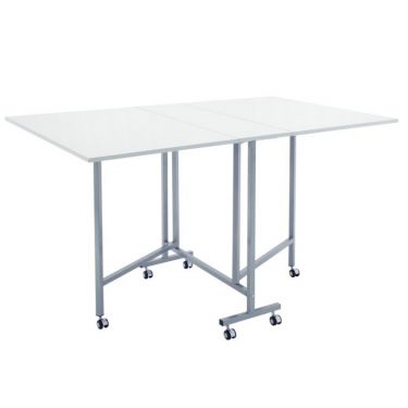 <strong>Quilting/Fabric Cutting Table</strong> <span>White Top with Silver Legs and Wheels, Folding Craft Table with Two Drop Leaves, Mobile, Compact and Easy to Store, Extra Workspace for Sewing, Craft/Hobby Projects</span> <em>Sewing Online 13371</em>