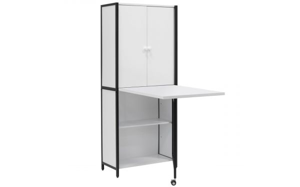 <strong>Craft/Sewing Armoire</strong> <span>White Storage Cabinet with Black Frame & Legs,Table with swing out leg,Multipurpose: Quilting/Craft Table/Computer Desk/Kitchen Table</span> <em>Sewing Online 13387</em>