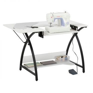 <strong>Small Sewing Table</strong> <span>White Top with Black Legs, Sewing Machine Table with Adjustable Platform, Drop Leaf Extension and Storage Shelf, Multipurpose: Use as a Quilting/Craft Table or Gaming/Computer Desk</span> <em>Sew Ready 13332</em>