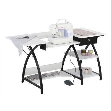 <strong>Large Sewing Table</strong> <span>White Top with Black Legs, Sewing Machine Table with Adjustable Platform, Drop Leaf Extension, Storage Shelves and Drawer, Multipurpose: Quilting/Craft Table/Gaming/Computer Desk</span> <em>Sew Ready 13333</em>