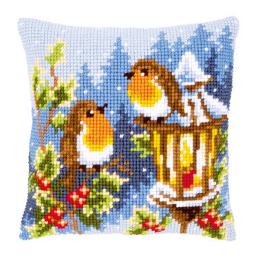 <strong>Printed Cross Stitch Cushion: Robins at The Lantern</strong> <em>Vervaco PN-0145077</em>