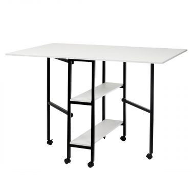 <strong>Quilting/Fabric Cutting Table</strong> <span>White Top with Black Legs and Wheels, Folding Craft Table with 2 Drop Leaves and 2 Storage Shelves, Extra Workspace for Sewing and Hobby Projects</span> <em>Sewing Online WC1012</em>