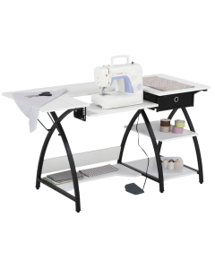 Large Sewing Table White Top with Black Legs, Sewing Machine Table with Adjustable Platform, Drop Leaf Extension, Storage Shelves and Drawer, Multipurpose: Quilting/Craft Table/Gaming/Computer Desk Sew Ready 13333