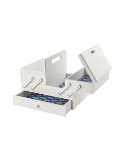 Medium Wooden Cantilever Sewing Box White with Geometric Design Interior, 31x24x23cm, 3 Tier Storage and Organiser Box with Compartments for Sewing Supplies, Accessories, Thread, Needles, etc Sewing Online LW5190