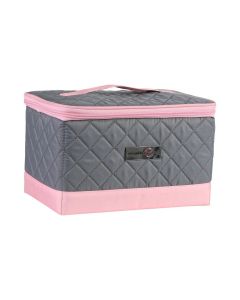 Everything Mary Sewing Box with Compartments, Quilted Grey & Pink - Collapsible Storage and Organiser Basket for Sewing Supplies, Accessories, Thread, Needles, and Scissors - EVM13203-1